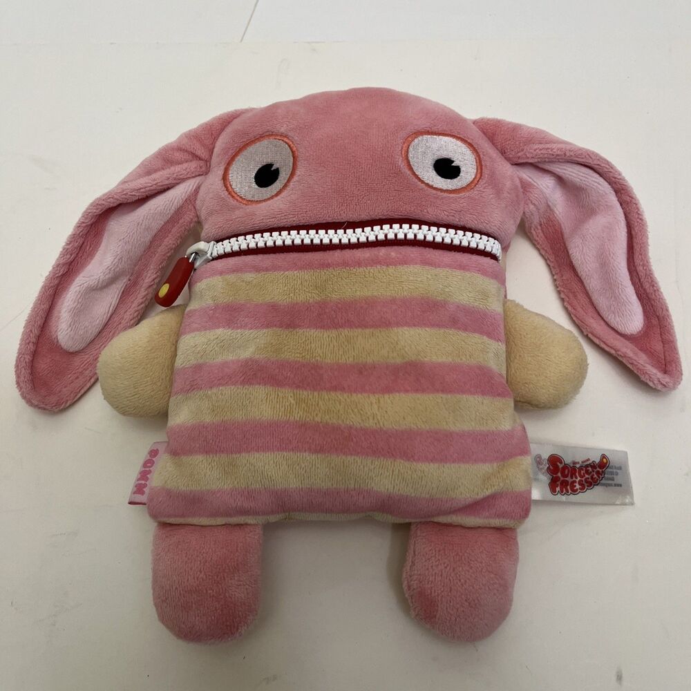Gerd Hahn's Worry Eaters POMM Plush Striped Pink Bunny Rabbit Zip Mouth